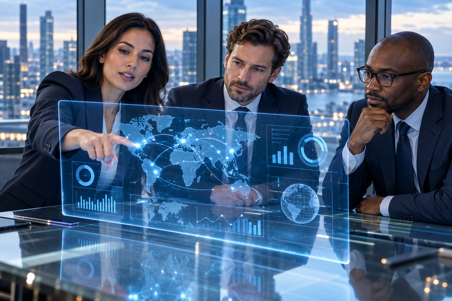 Executives discussing a glowing, transparent dashboard in a glass office.