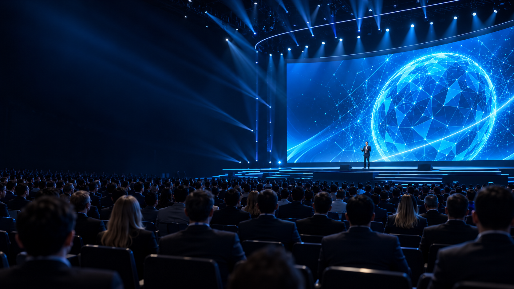 A blue-lit business conference with a large audience and an abstract globe on stage.